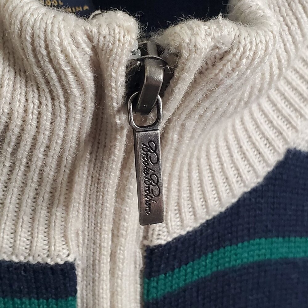 Brooks Brothers 346 Mens Size XL Sweater Merino Wool Striped Half-Zip Beige Navy - Picture 8 of 10